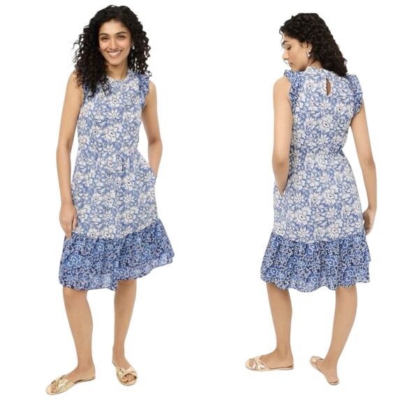 J.Crew Dress Ruffle Sleeve Midi Blue White Floral Cotton CA214 Women’s size 2 - Picture 1 of 12